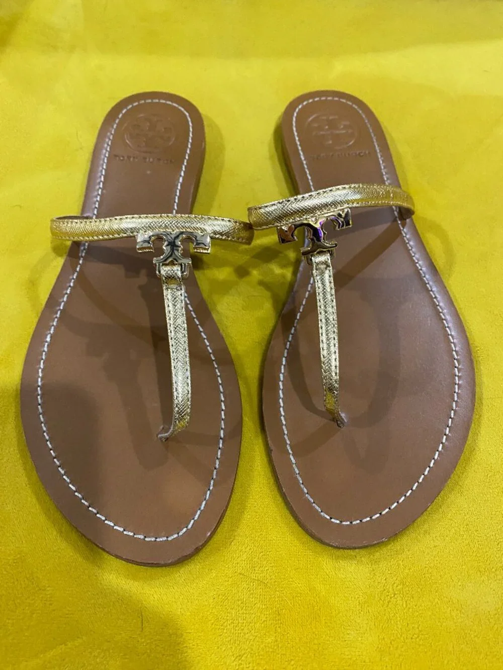 Tory Burch Gold Metallic Mini Miller Thong Sandals Leather Flip Flops Women's 8